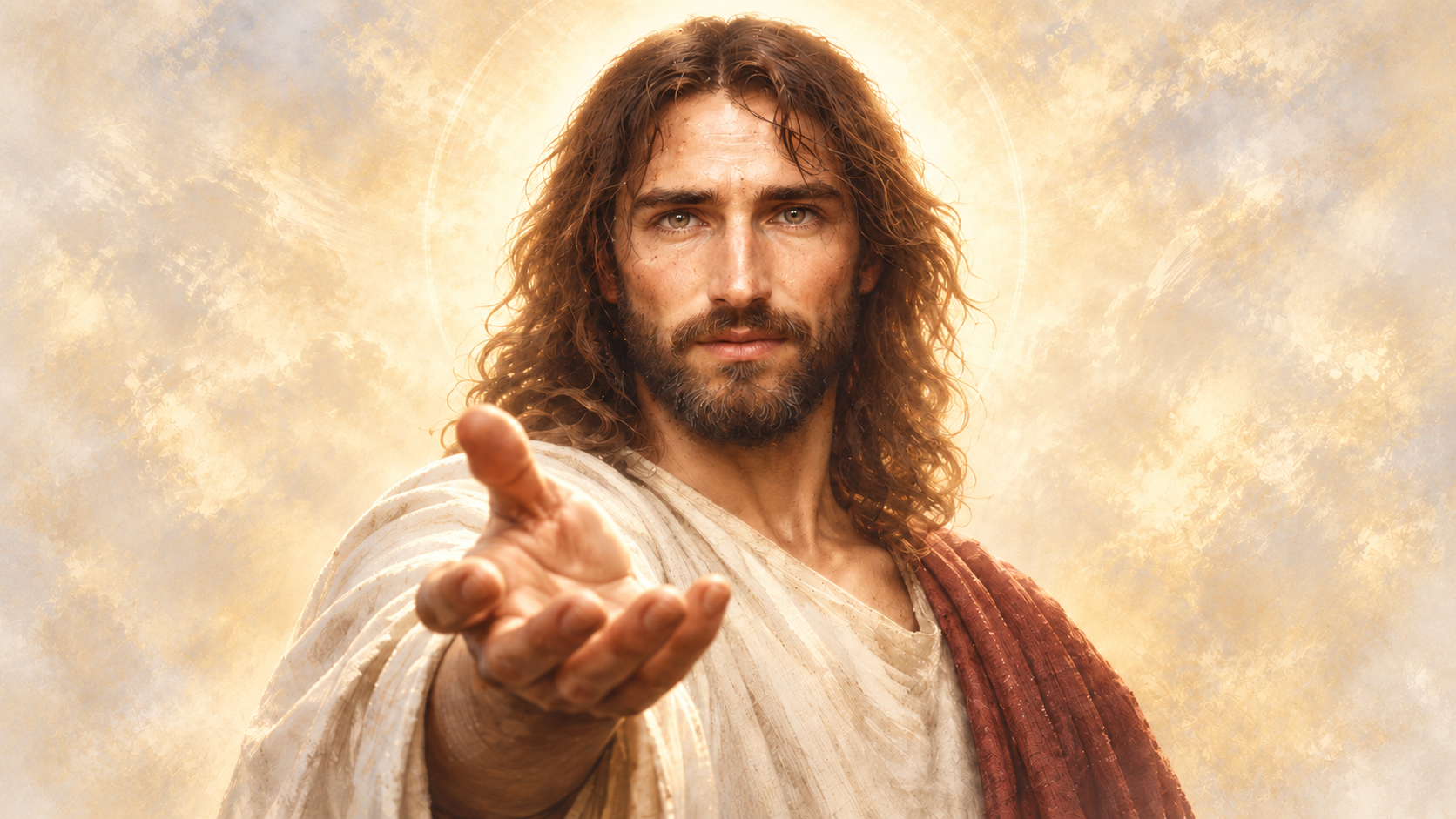 Jesus reaching out his hand in radiant golden light